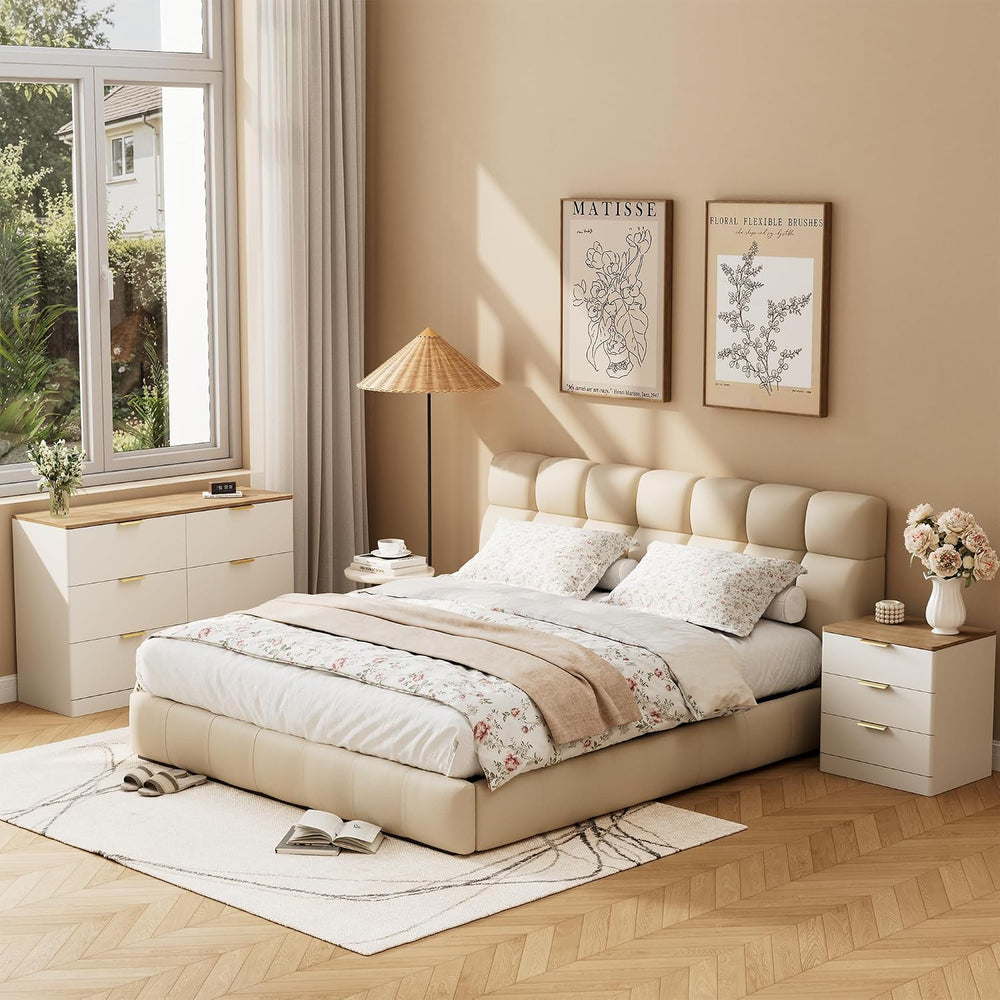 3 Pieces 6 Drawer Dresser & 3 Drawer Nightstand Set, White & Brown