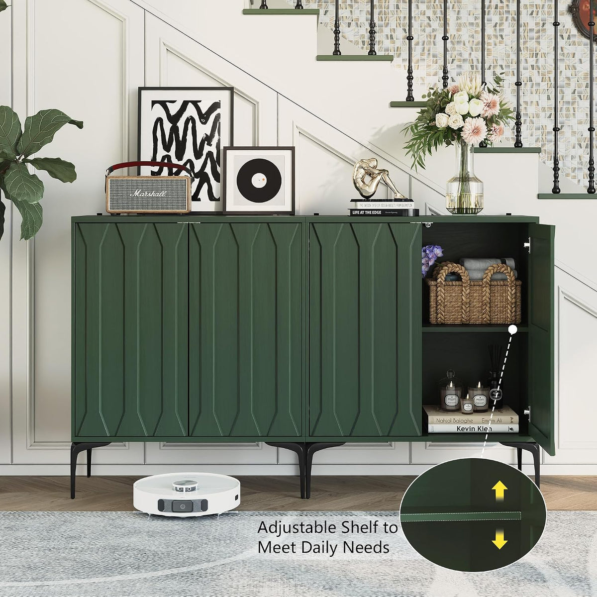 3More 3D Lattice Design 2 Door Accent Sideboard with Iron Legs, Green