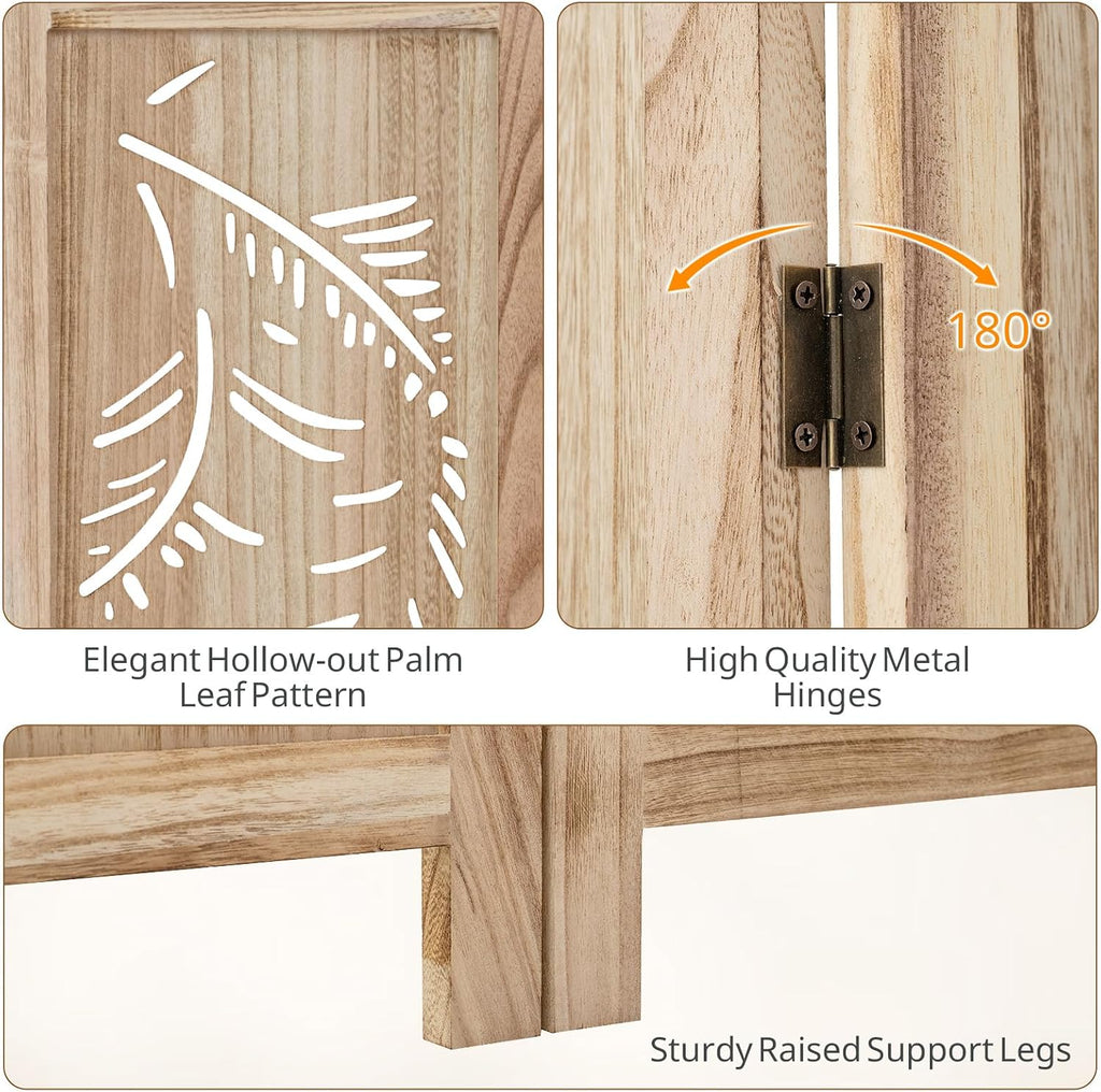 GIANTEX 3 Panel Boho Room Divider with Carved Palm Leaf Pattern, Natural