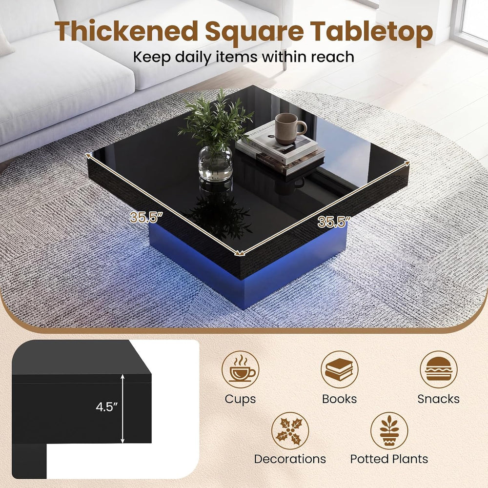 GOFLAME LED Coffee Table for Living Room, Square, Modern High Glossy, Black