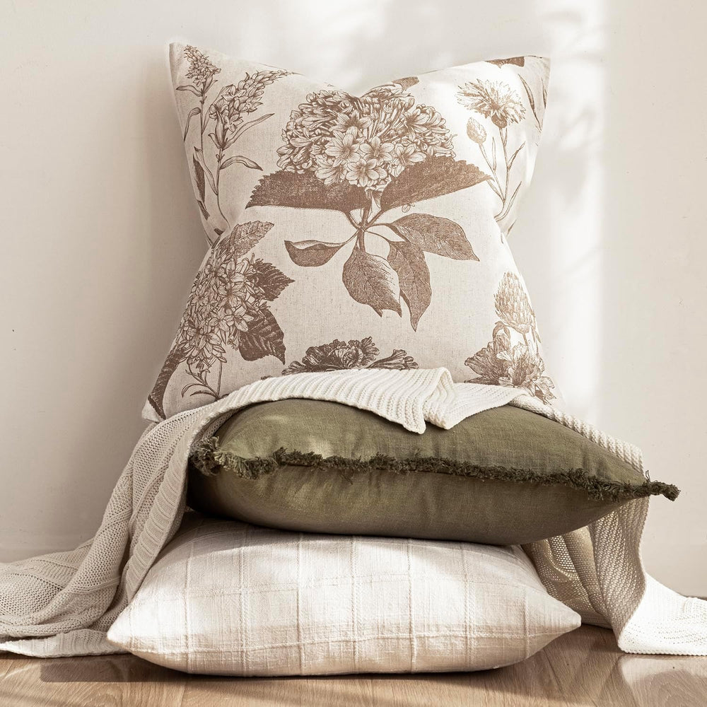 Foindtower Decorative Linen Floral Throw Pillow Covers 22×22,Light Brown