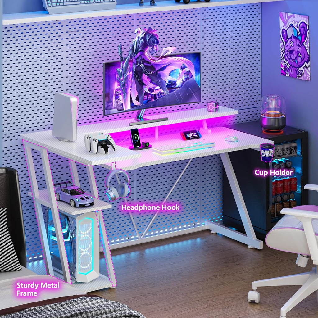 Korfile 55 Inch Gaming Desk with Power Outlet, LED, Carbon Fiber White