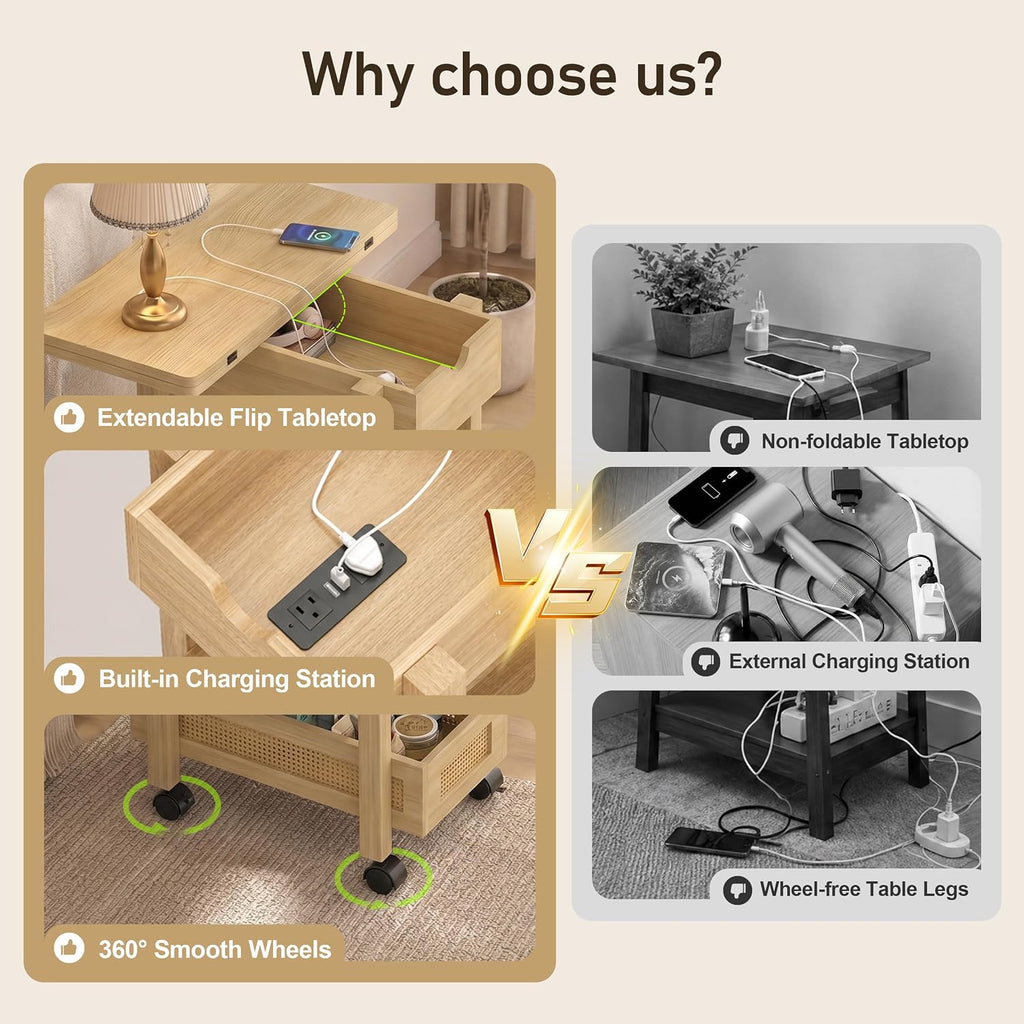 YOSHOOT Narrow End Table with Charging Station, Small Bedside Table