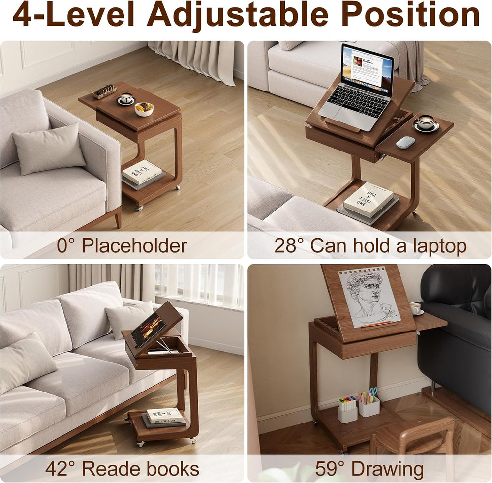 Solid Wood C Shaped End Table for Couch, Walnut Couch Desk