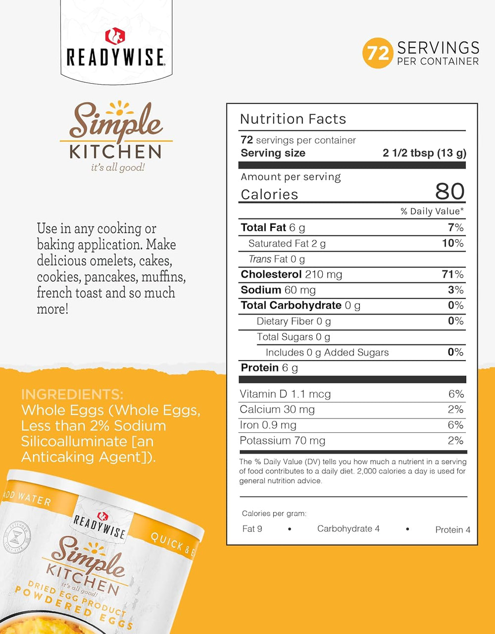 SIMPLE KITCHEN Powdered Eggs #10 Can, 72 Servings, Emergency Camping Food
