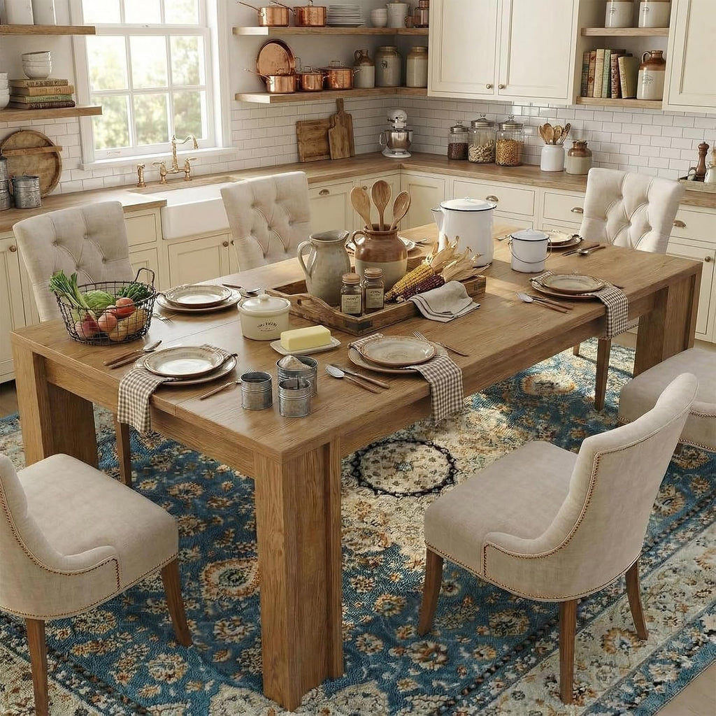 CABIHOME 71" Long Dining Table for 6-8, Rectangular Farmhouse Kitchen Dining Room Table w/Wider H Legs & Wooden Tabletop, Sturdy Frame, Wood Strip Base, for Apartment, Kitchen, Dining, Cherry