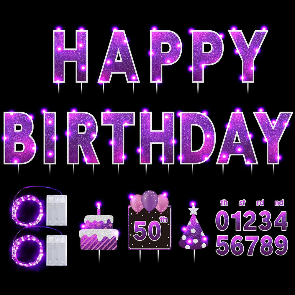 Yerliker 16 Pcs Purple Happy Birthday Yard Signs with Stakes, 32.8 ft LED Lig...