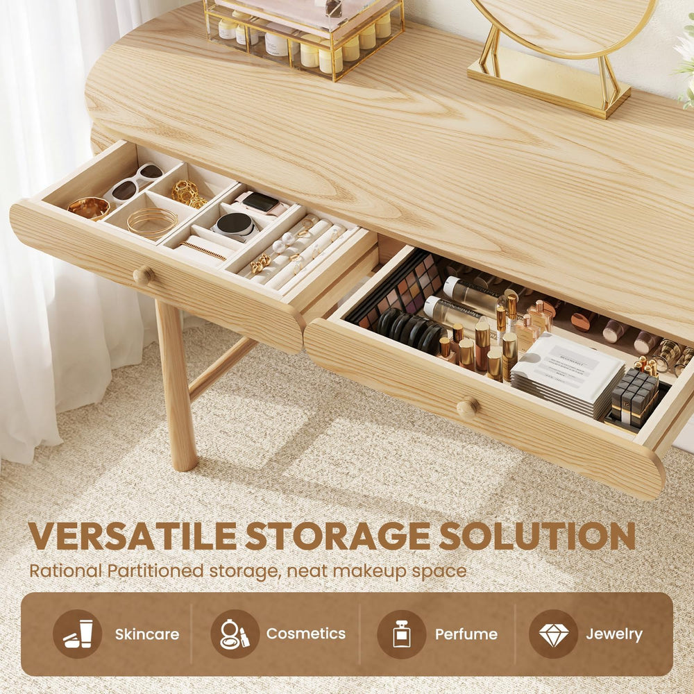 48in Solid Wood Desk - Oval-Shaped Double-Top Dressing Table, Ash