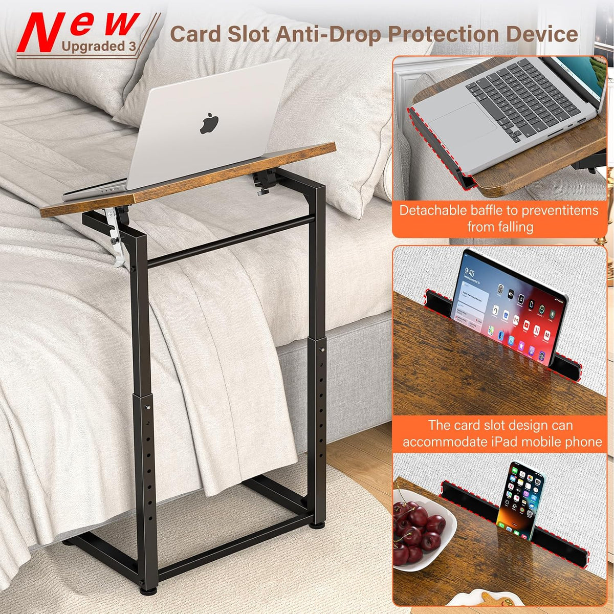 Upgrade Tv Tray Table Set of 2, 8-Level Adjustable Height Couch Side Table, 90° Tilt Angle Foldable C-Shaped End Table with Phone & Tablet Slot Sofa Computer Desk for Couch,Sofa,Bed,Chair,Living Room