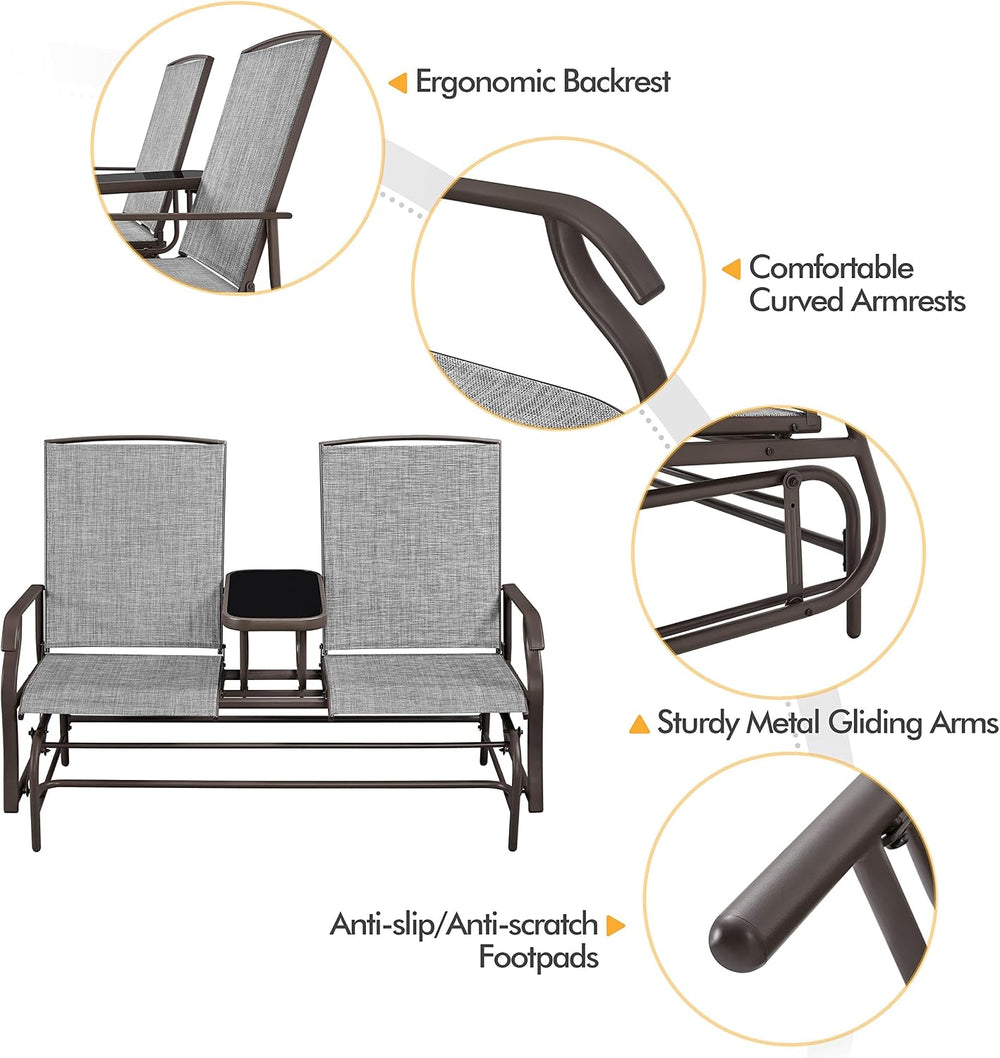 Yaheetech Outdoor Glider Bench Patio Loveseat with Table, Gray