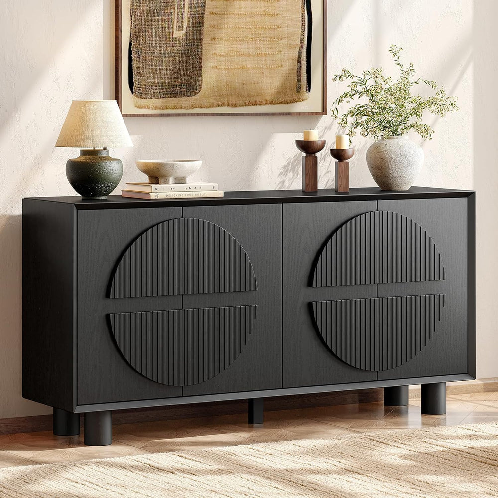 ONBRILL 63 Inch Fluted Buffet Cabinet w/Storage, Push-Spring Doors, Black