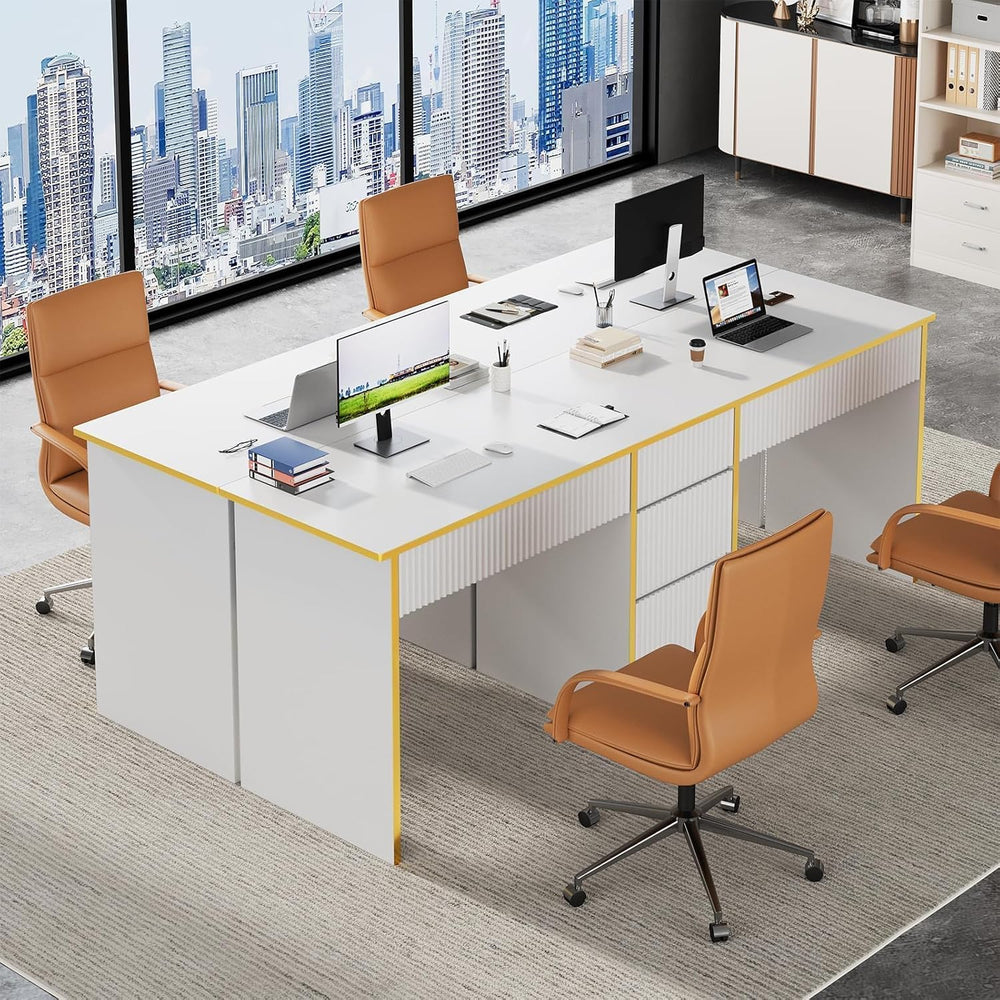 4 EVER WINNER 78" Two Person Computer Desk with 5 Drawers, White and Gold