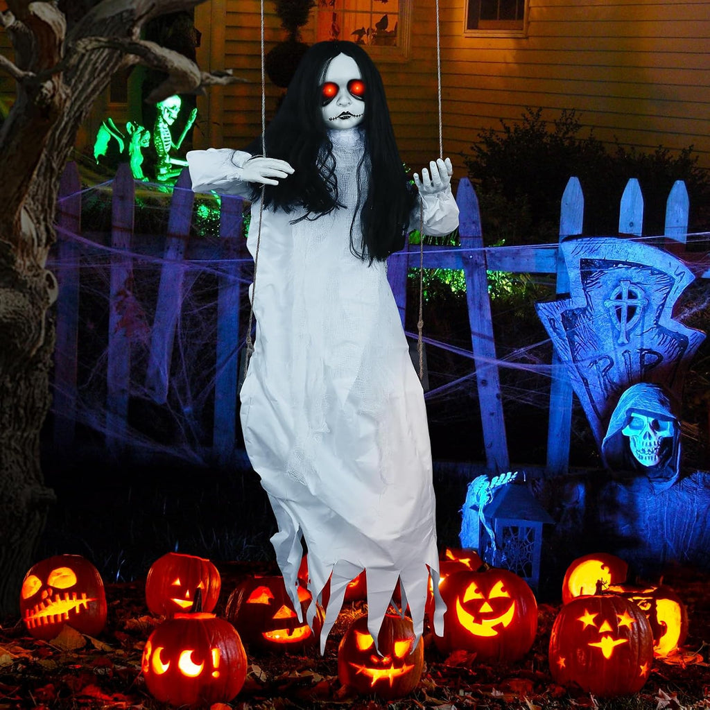 Scary Halloween Decorations Outdoor, 47" Hanging Swinging Girl Creepy Doll