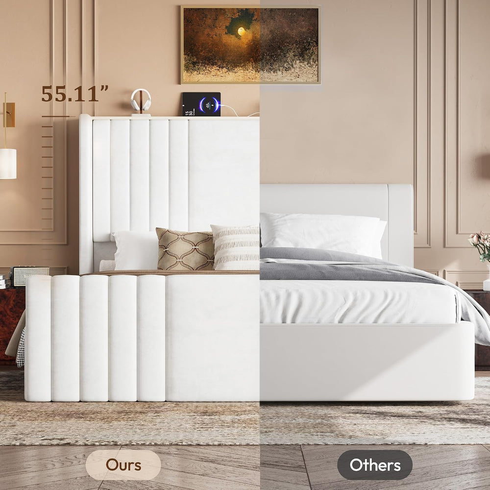 55" Tall Queen Size Platform Bed Frame with 2 Reading Lights, Cream