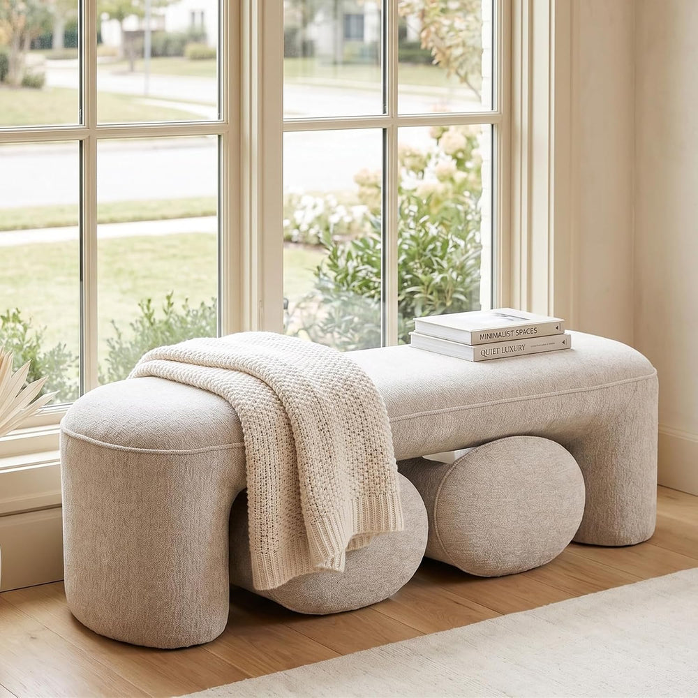 53" Chenille Ottoman Bench with 2 Nesting Ottomans, Oatmeal