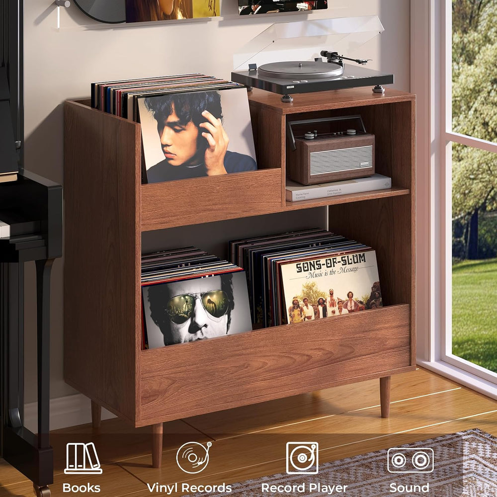 BROTTAR Mid Century Modern Record Player Stand，2-Tier Vinyl Record Storage