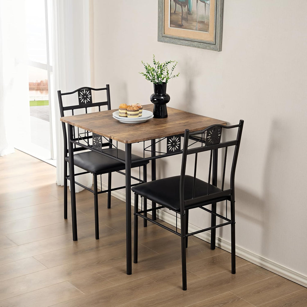 VECELO 3 Piece Small Dining Table Set for 2 with Upholstered Chairs, Brown