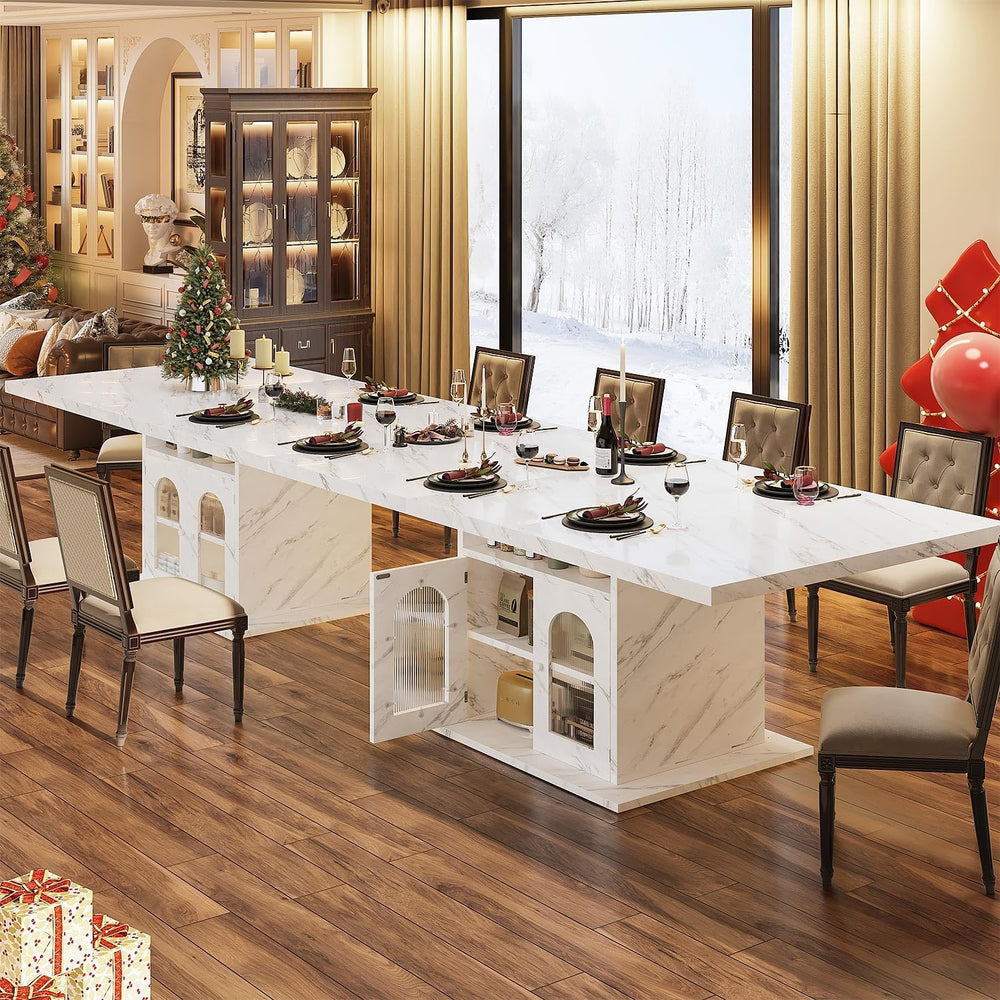 HSH 63" Modern White Faux Marble Dining Table for 6 with Storage Cabinet