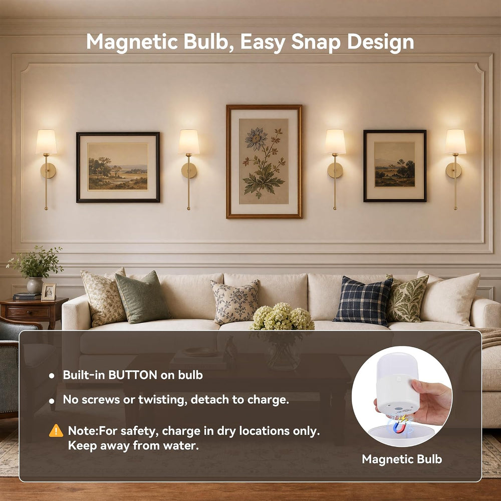 Battery Operated Wall Sconces, Gold, 2 Pack with Magnetic Bulbs,RF Remote