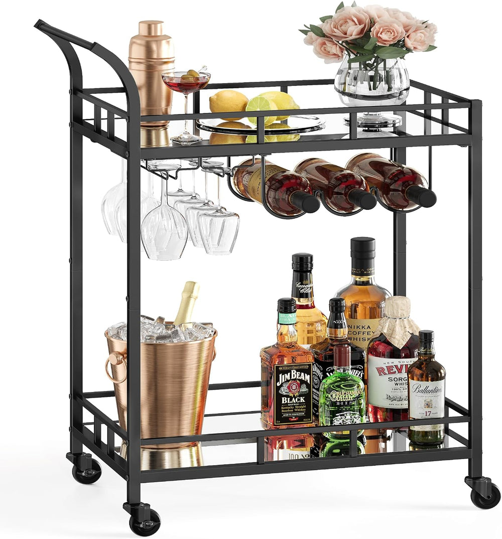 VASAGLE Bar Cart with 2 Mirrored Shelves, Wine Holders, Glass Holders