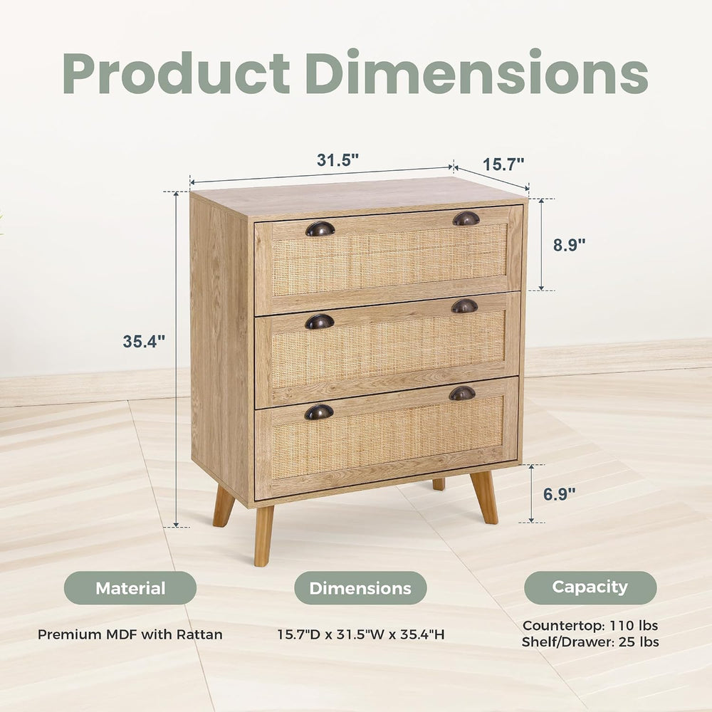 PHI VILLA Natural Rattan Nightstand, 3 Drawer Dresser Bedside Table