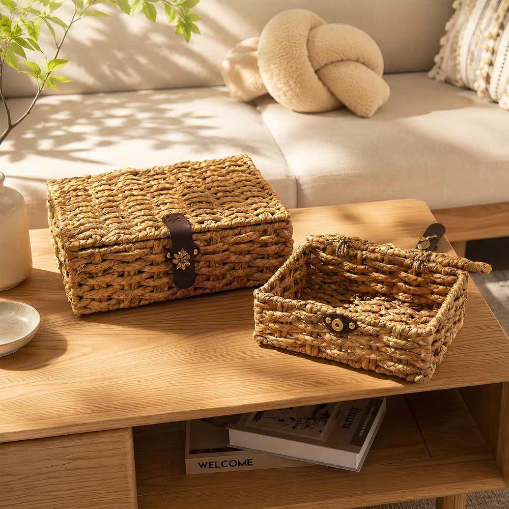 Water Hyacinth Woven Storage Basket with Lid for Decor, Storage (Large)