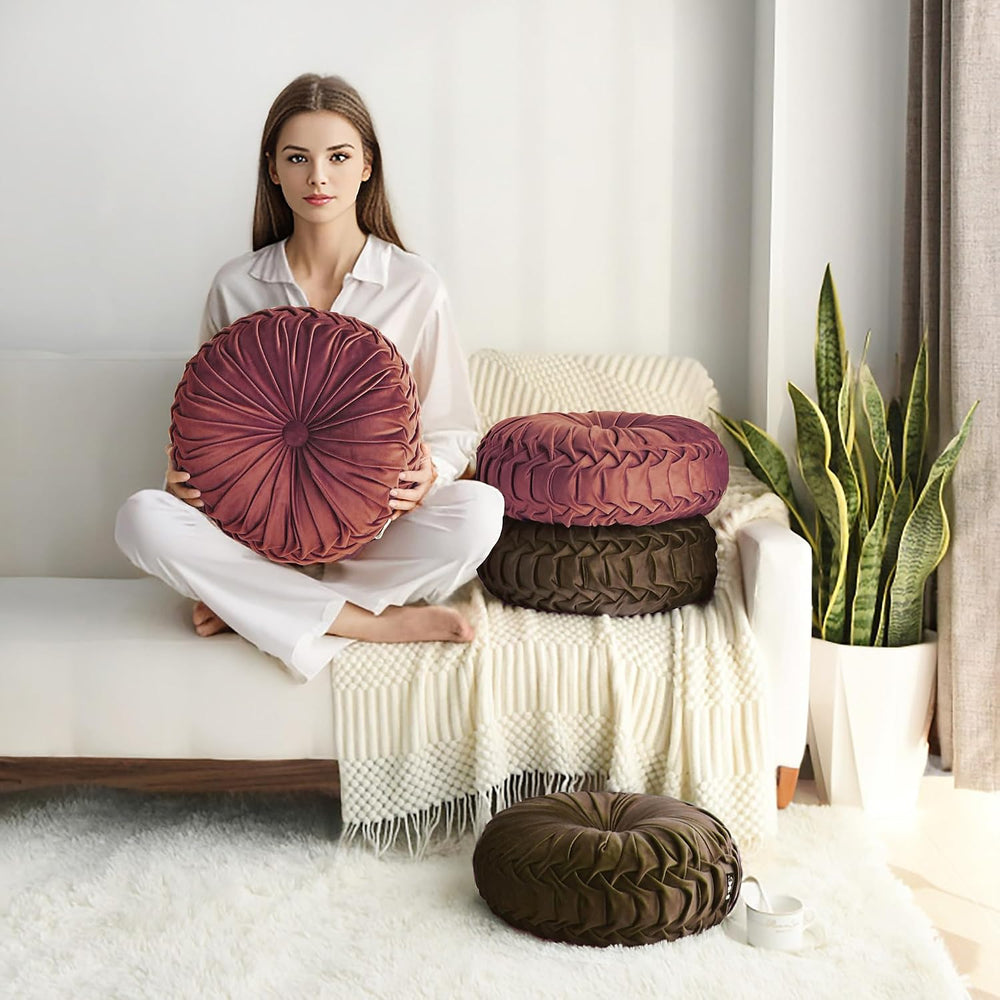 HIG Set of 2 Chocolate Velvet Decorative Round Pleated Throw Pillows