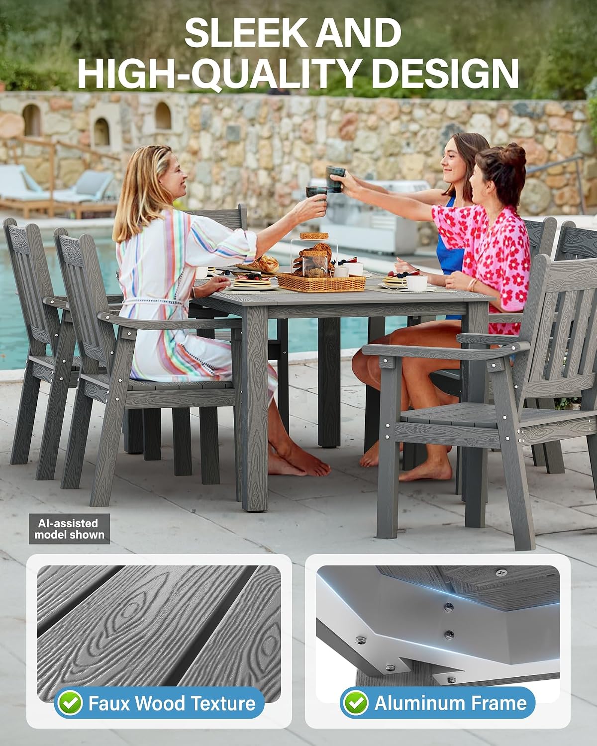 YEFU 7-Piece Patio Table Set, All-Weather HIPS, Metal Aluminum Frame, Gray