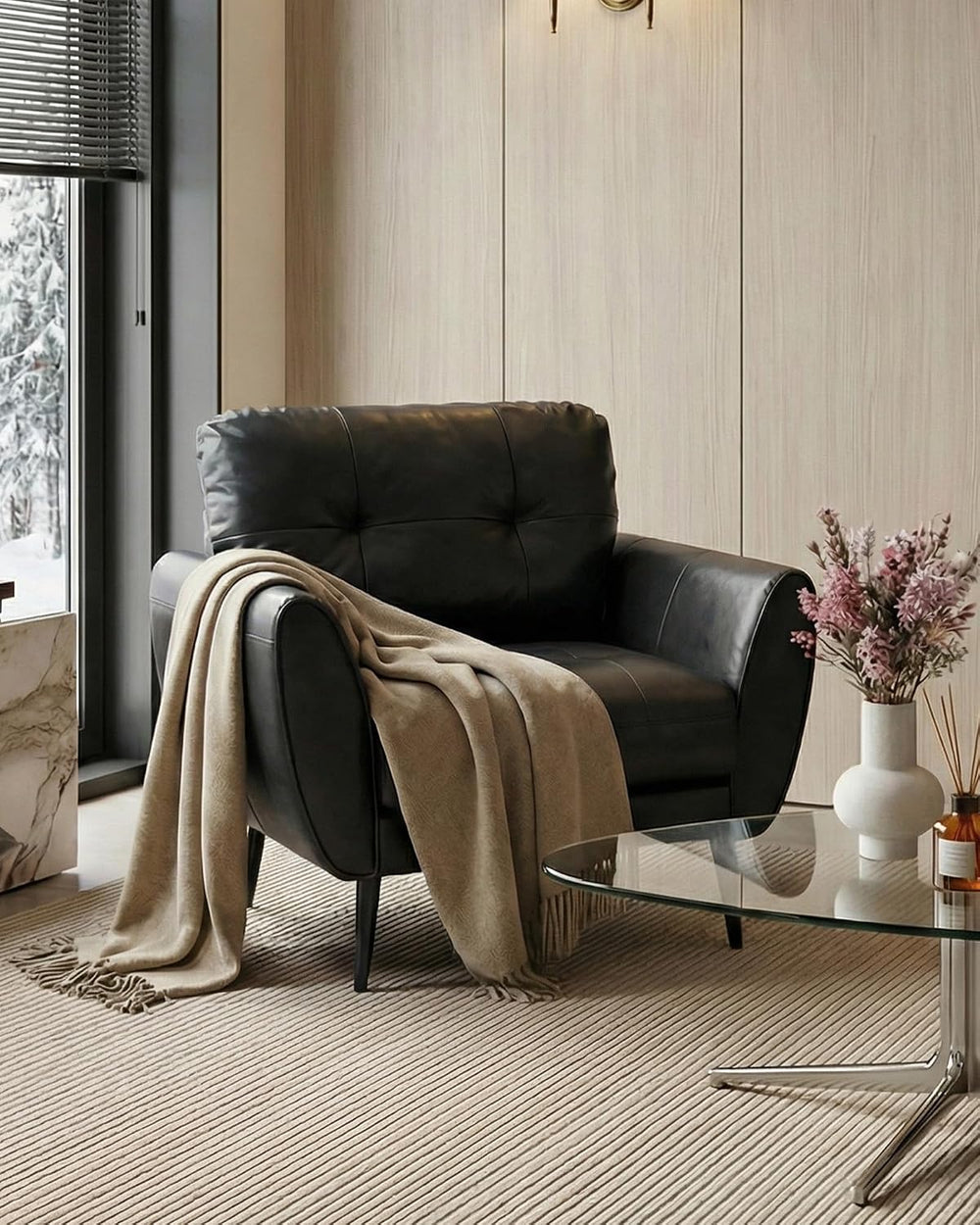 Black Leather Accent Chair, Tufted Reading Armchair for Living Room Office