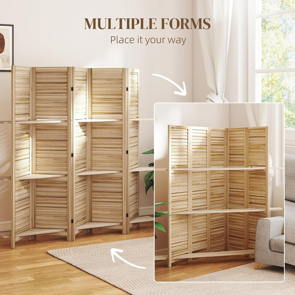 HOMCOM Room Divider with Shelves, 5 Panel, 67" Tall, Natural Wood