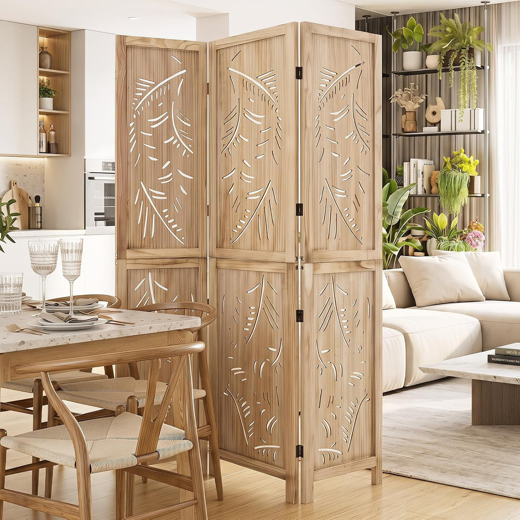 GIANTEX 3 Panel Boho Room Divider with Carved Palm Leaf Pattern, Natural