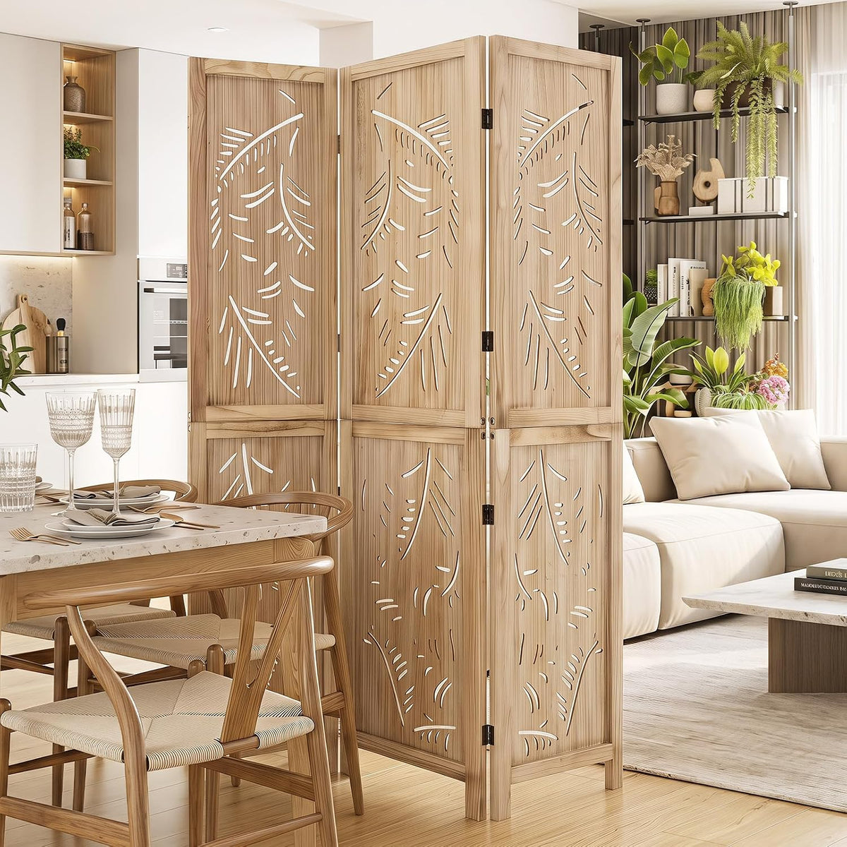 GIANTEX 3 Panel Boho Room Divider with Carved Palm Leaf Pattern, Natural