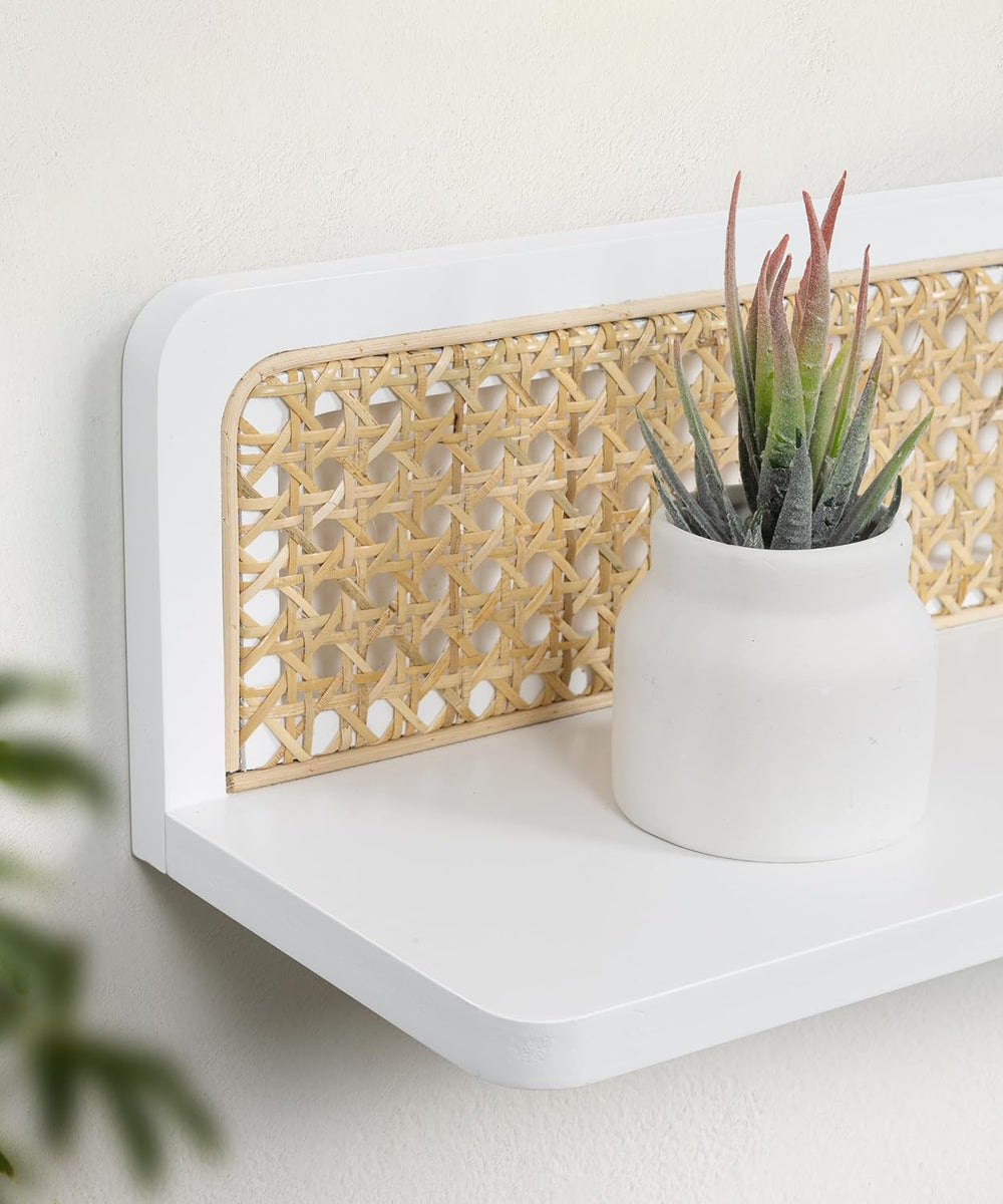24 Inch White Rattan Wall Shelf, Boho Floating Shelves