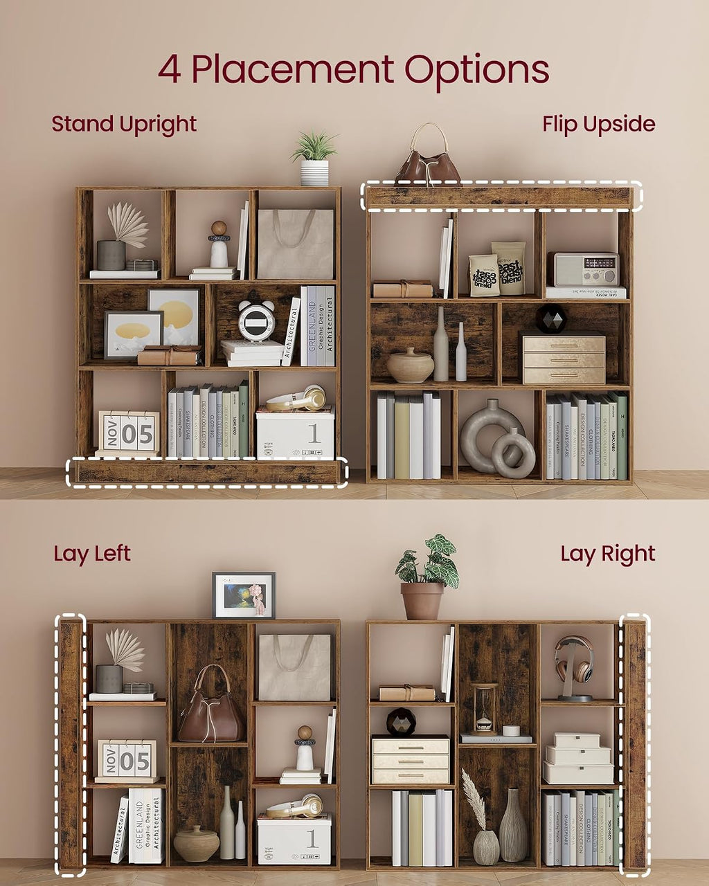 vasagle bookshelf, 8 cubes storage organizer, 35.4 x showing dimensions
