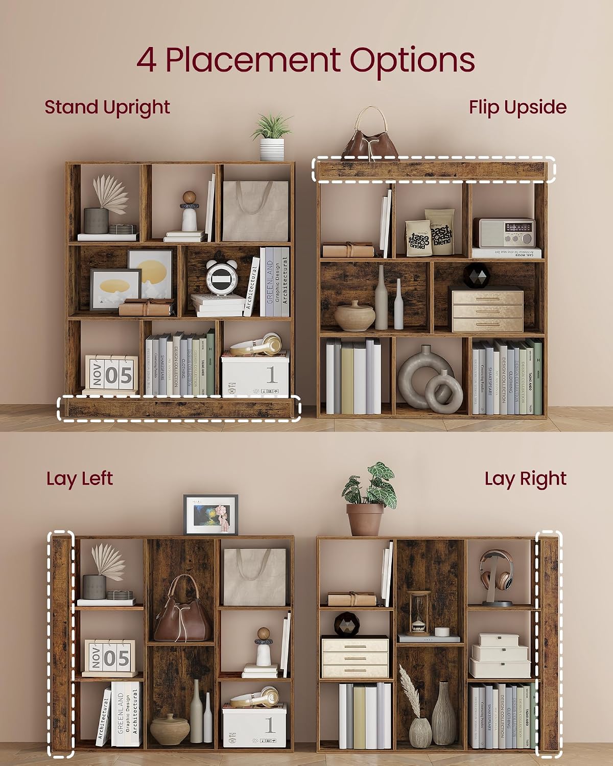 vasagle bookshelf, 8 cubes storage organizer, 35.4 x showing dimensions
