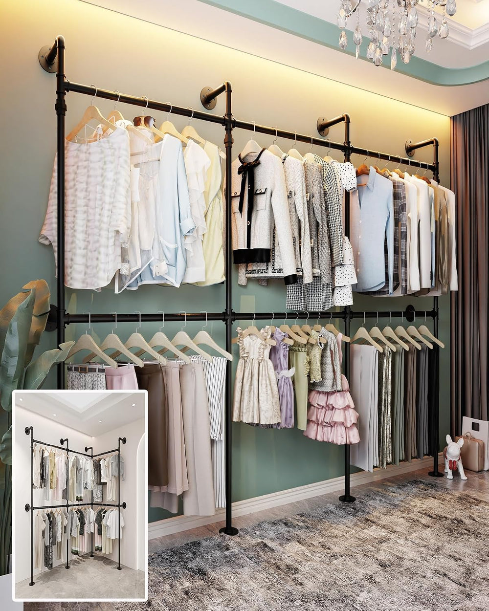 Industrial Pipe Garment Rack 106.3" L-Shaped Wall-Mounted Closet System
