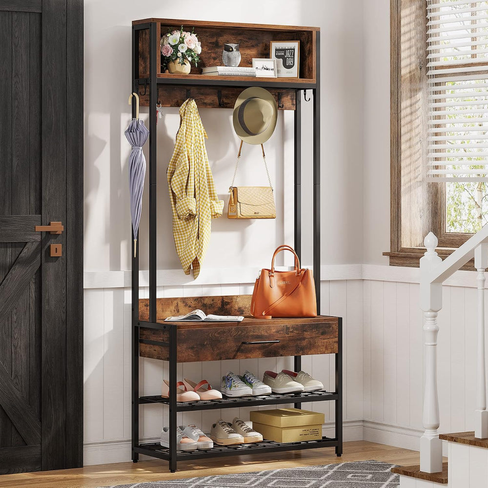 Tribesigns 3-in-1 Entryway Hall Tree with Shoe Bench and Hutch, Brown