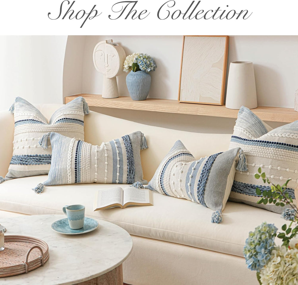 BlissBlush Coastal Blue Boho Decorative Throw Pillow Cover 20x20 Modern Bohem...