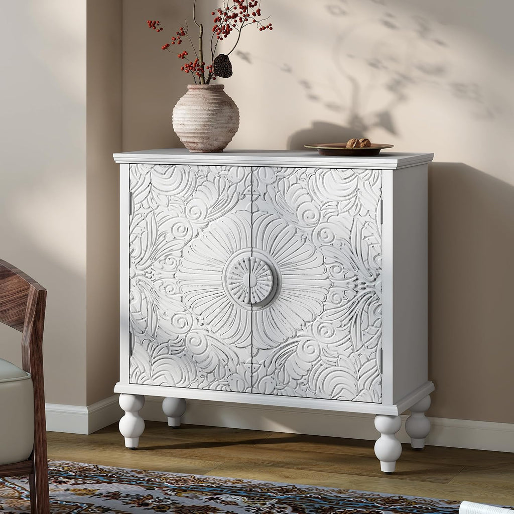 Solid Wood Buffet Cabinet, Accent Cabinet, 2 Carved Doors, White
