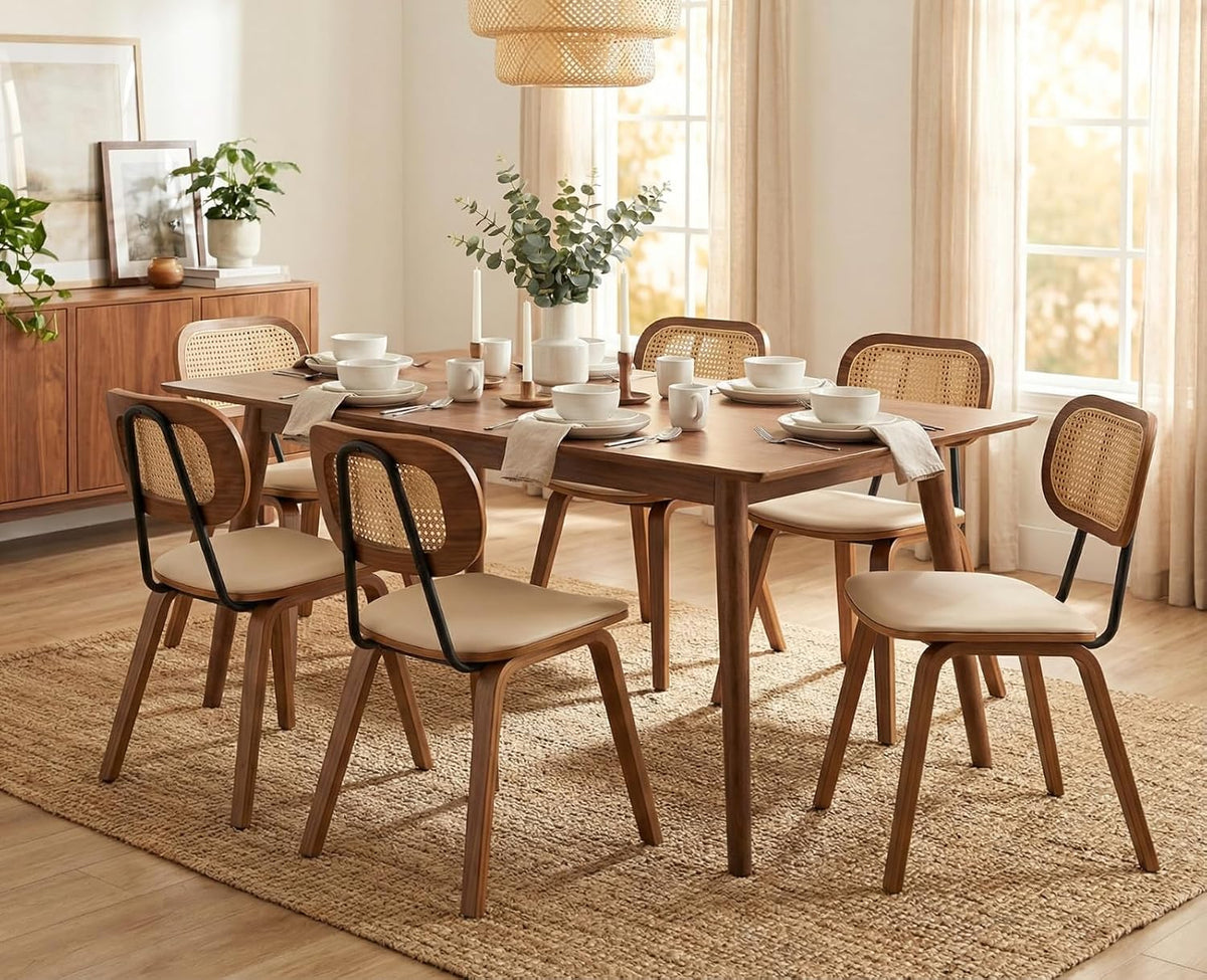 Ya-Home Mid-Century Dining Chairs Set of 6, PU Leather Kitchen Chairs with Rattan Backrest Wooden Legs Armless Design for Dining Room Living Room, Beige