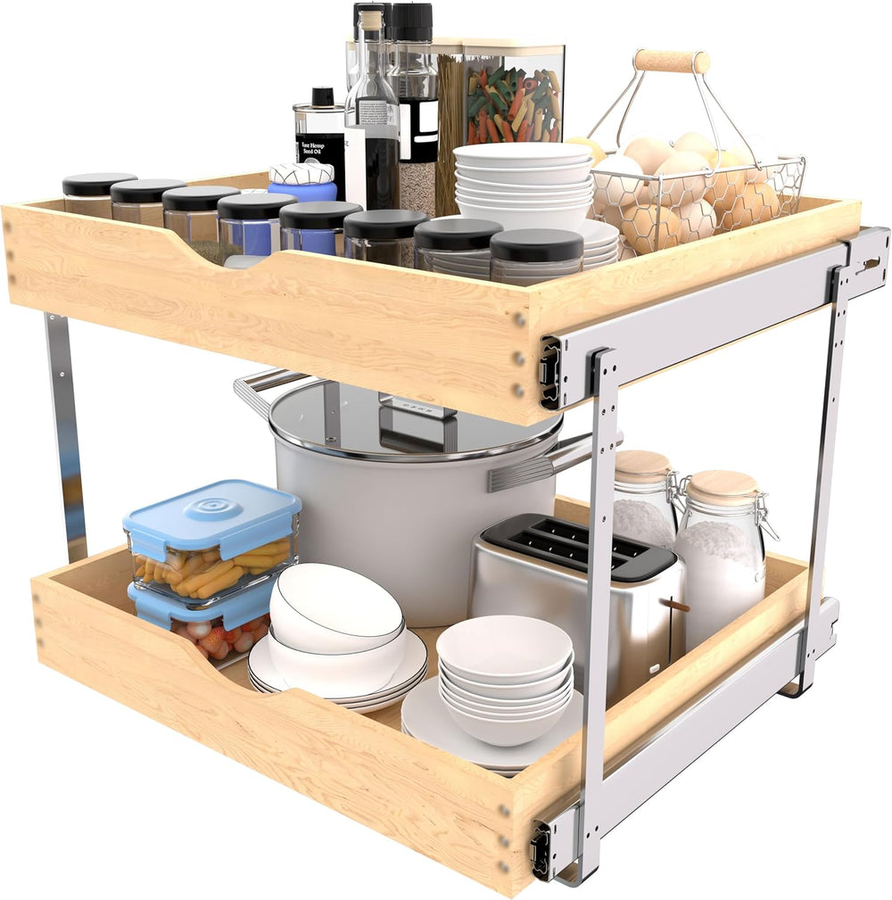 JOWBOOW 2 Tier Pull Out Cabinet Organizer 20"W x 22"D, Solid Wood