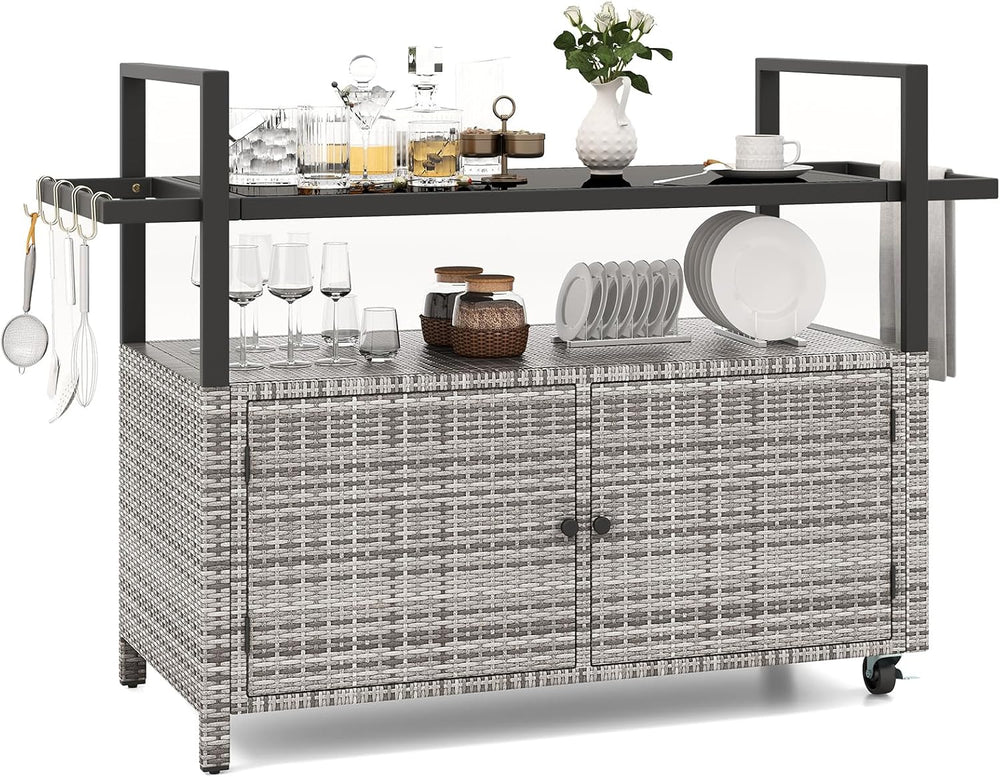 Tangkula Wicker Rolling Outdoor Bar Cart with Tempered Glass Table, Gray