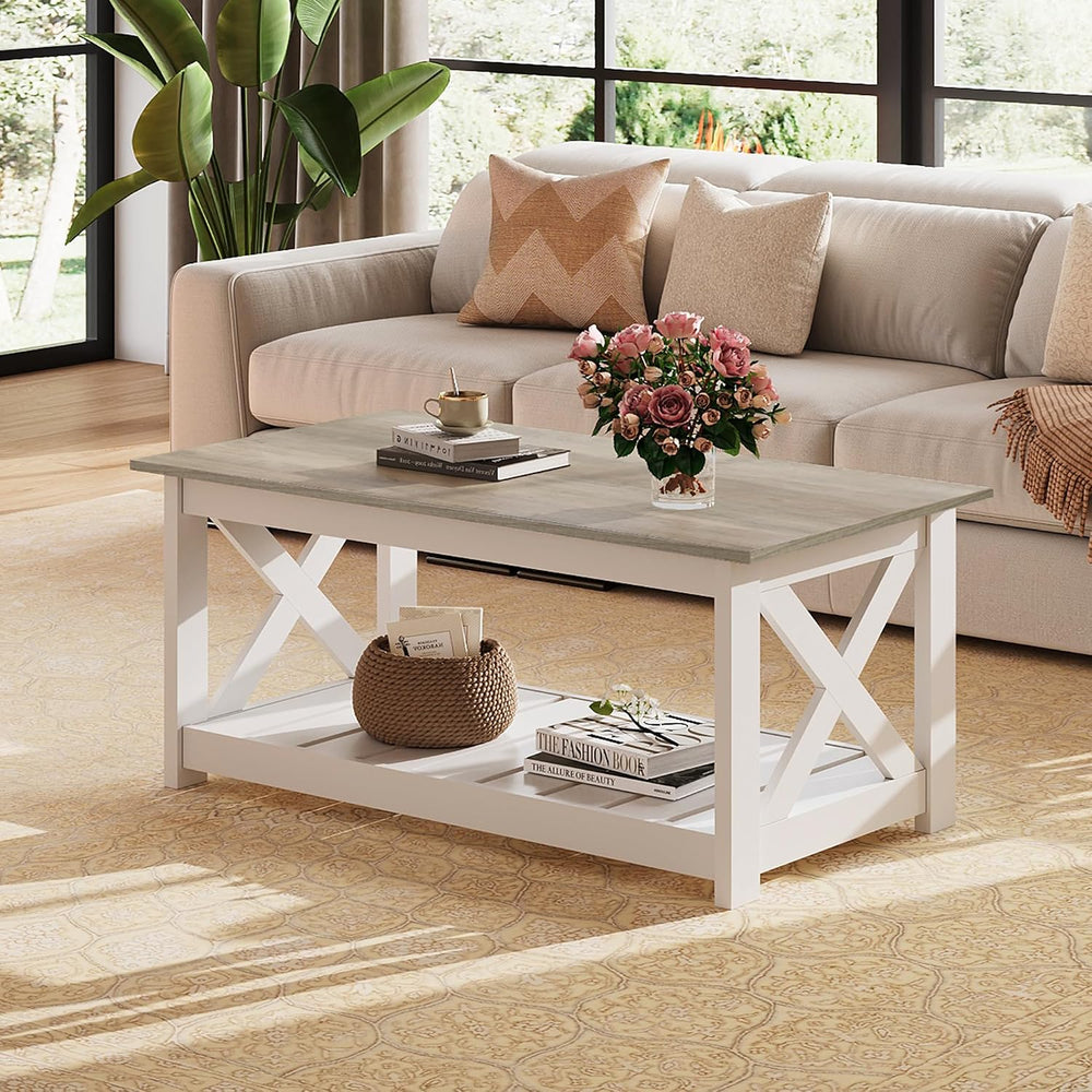 WLIVE 2-Tier Coffee Table with X-Shape Frame, Classic White