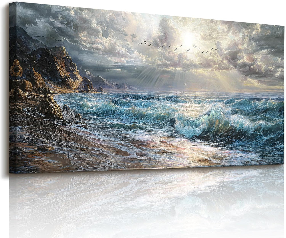 imjiayu Large Ocean Canvas Wall Art, Realistic Wave Sunburst 24"x48"