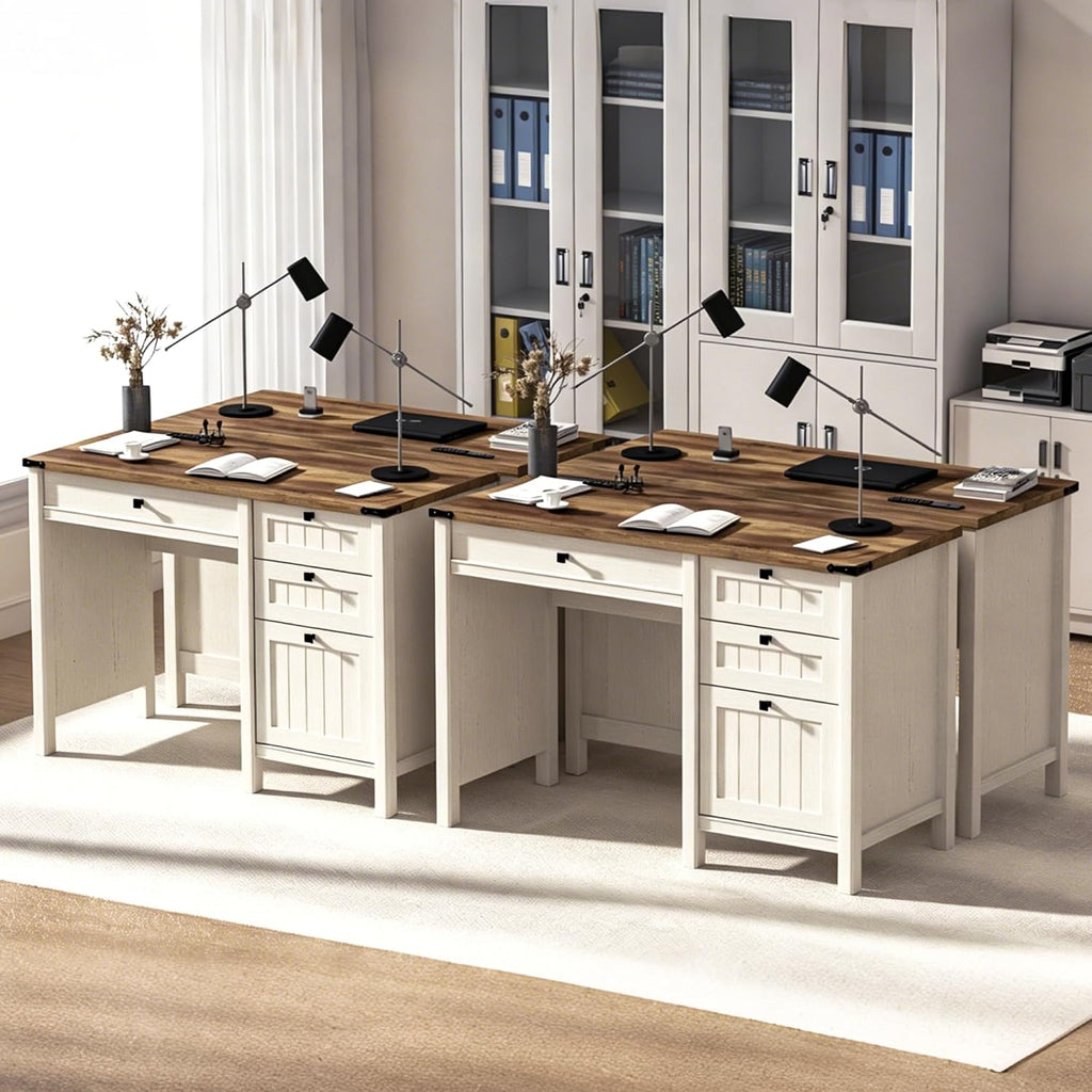 White Farmhouse Desk 45" with 4 Drawers & Charging Station