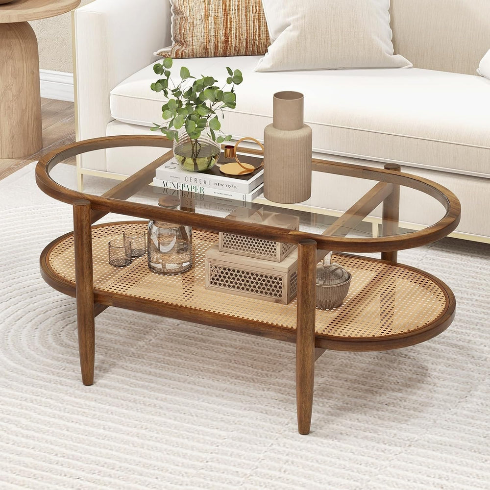KOTEK Oval 2-Tier Rattan Coffee Table with Curved Wood Frame (Brown)