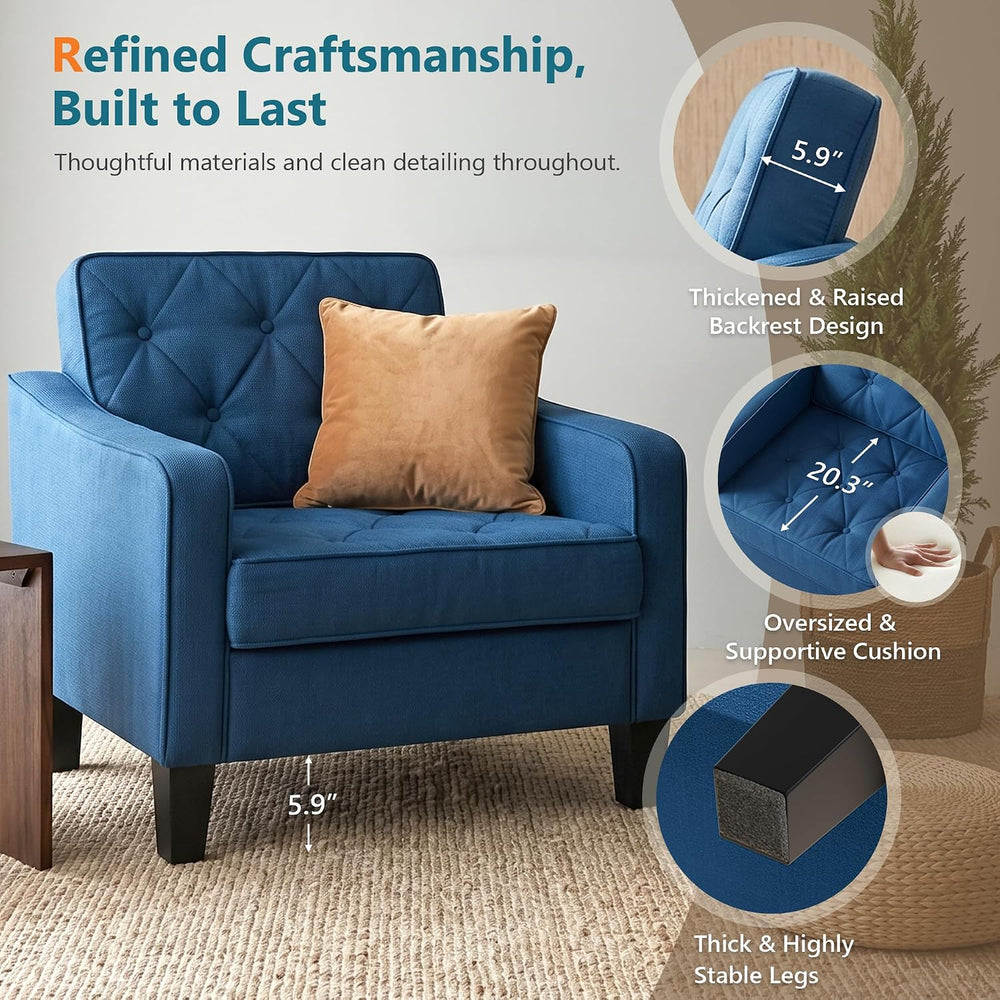 Blue Accent Chairs set 2, Wide Comfy Arm Chair Living Room, Bedroom, Office