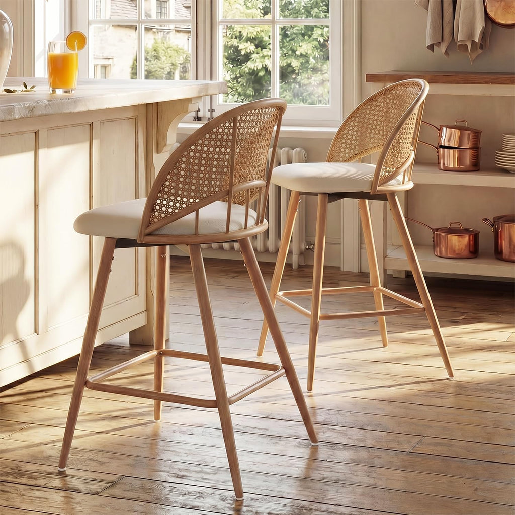 26'' Bar Stools Set of 2, Rattan Counter Height Swivel Stools for Kitchen