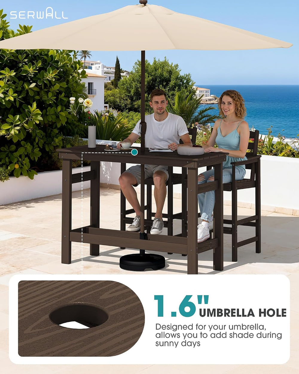 SERWALL 41" HDPE Outdoor Bar Table with 1.6" Umbrella Hole, Coffee