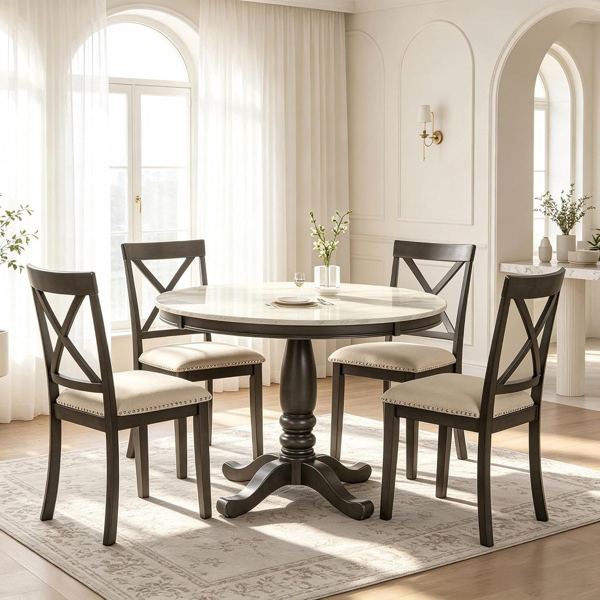 LUMISOL Round Dining Table Set for 4, Faux Marble Kitchen Table Set with 4 Upholstered Chairs for Kitchen, Dining Room, Small Space, Muddy Gray